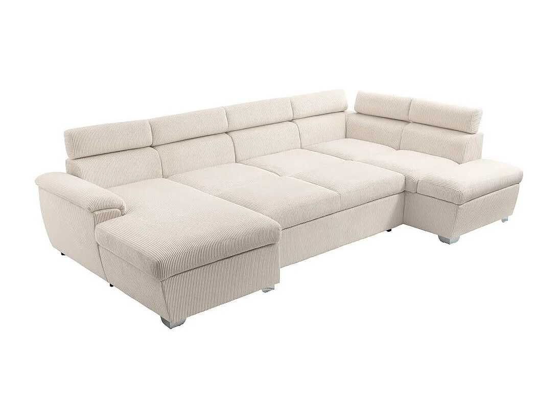 Canapé panoramique PAOLA 6 places convertible avec 2 coffres en velours côtelé beige