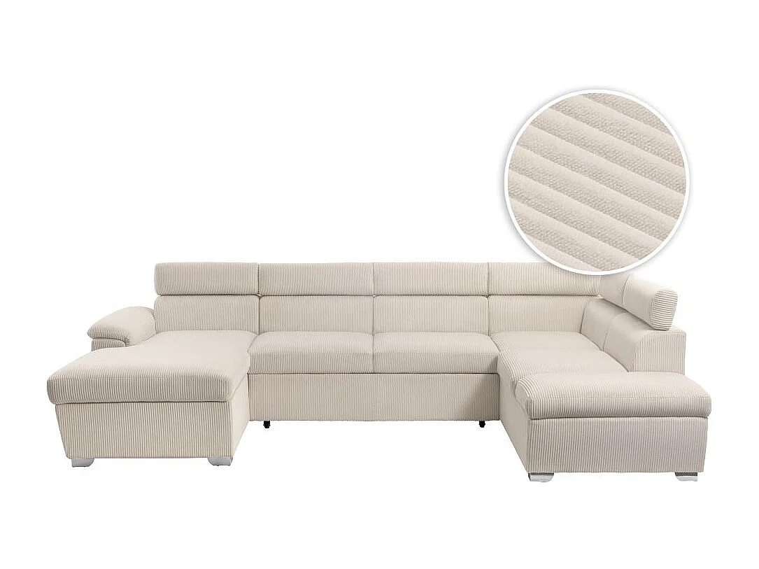 Canapé panoramique PAOLA 6 places convertible avec 2 coffres en velours côtelé beige