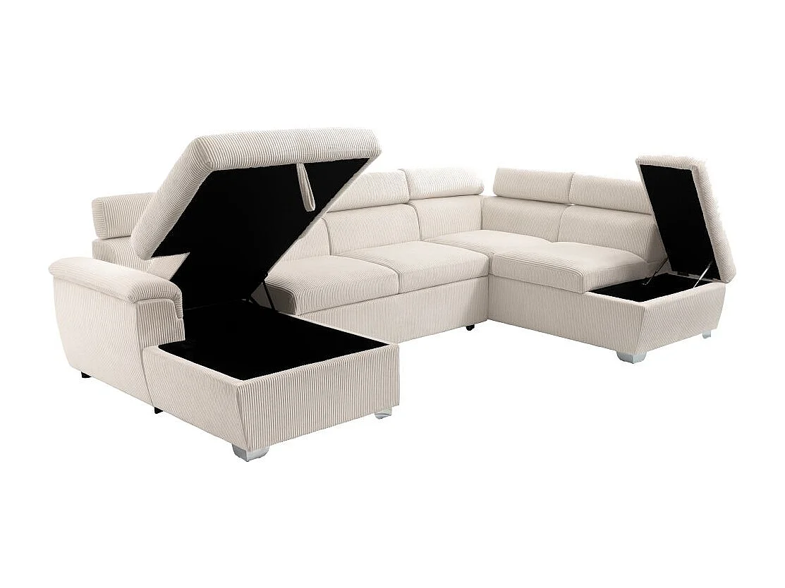 Canapé panoramique PAOLA 6 places convertible avec 2 coffres en velours côtelé beige