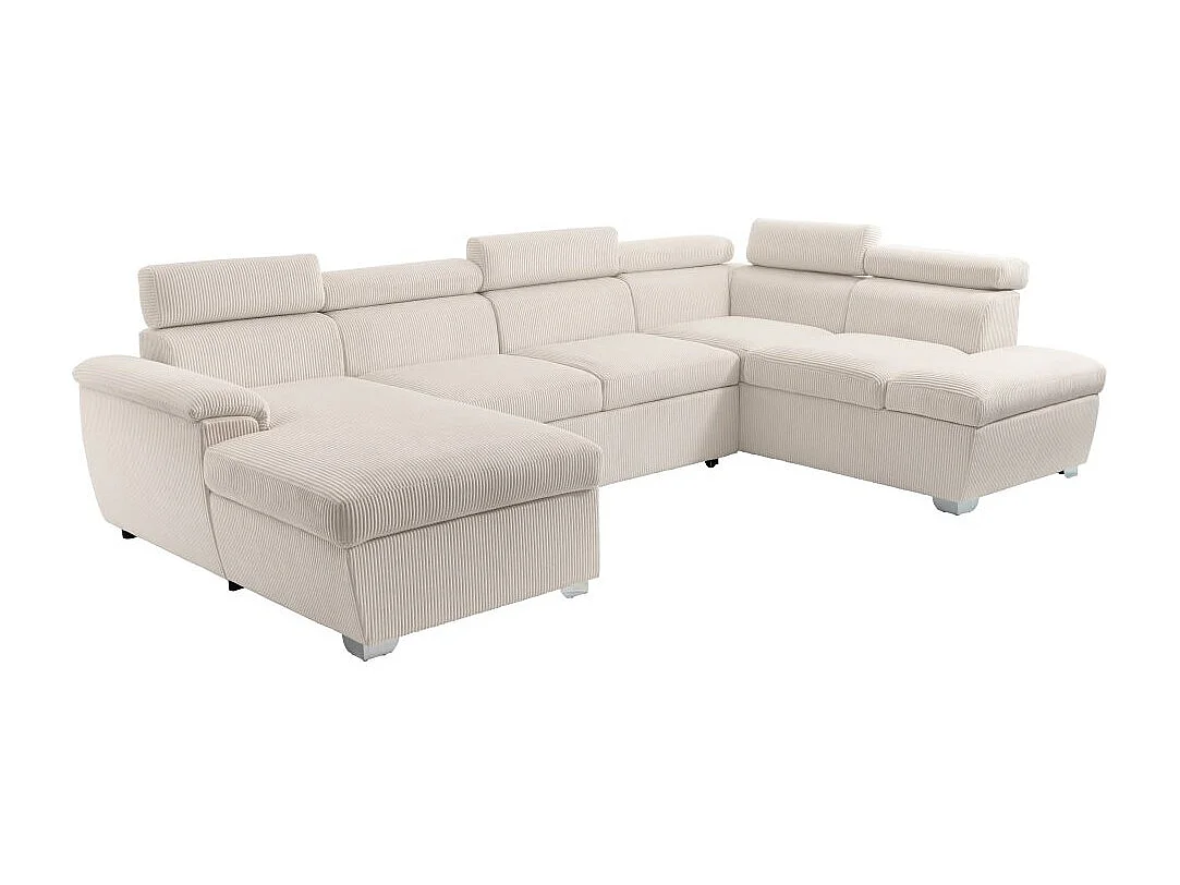 Canapé panoramique PAOLA 6 places convertible avec 2 coffres en velours côtelé beige