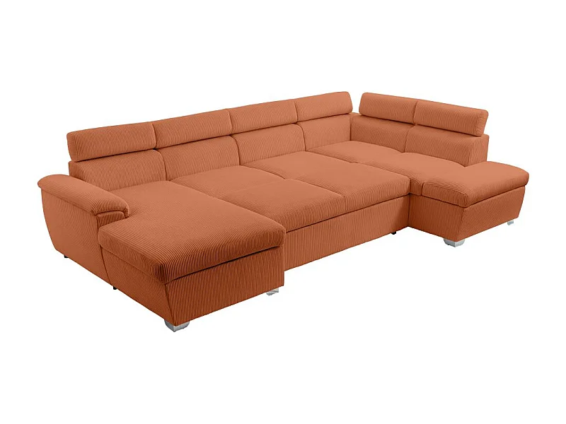 Canapé panoramique PAOLA 6 places convertible avec 2 coffres en velours côtelé terracotta