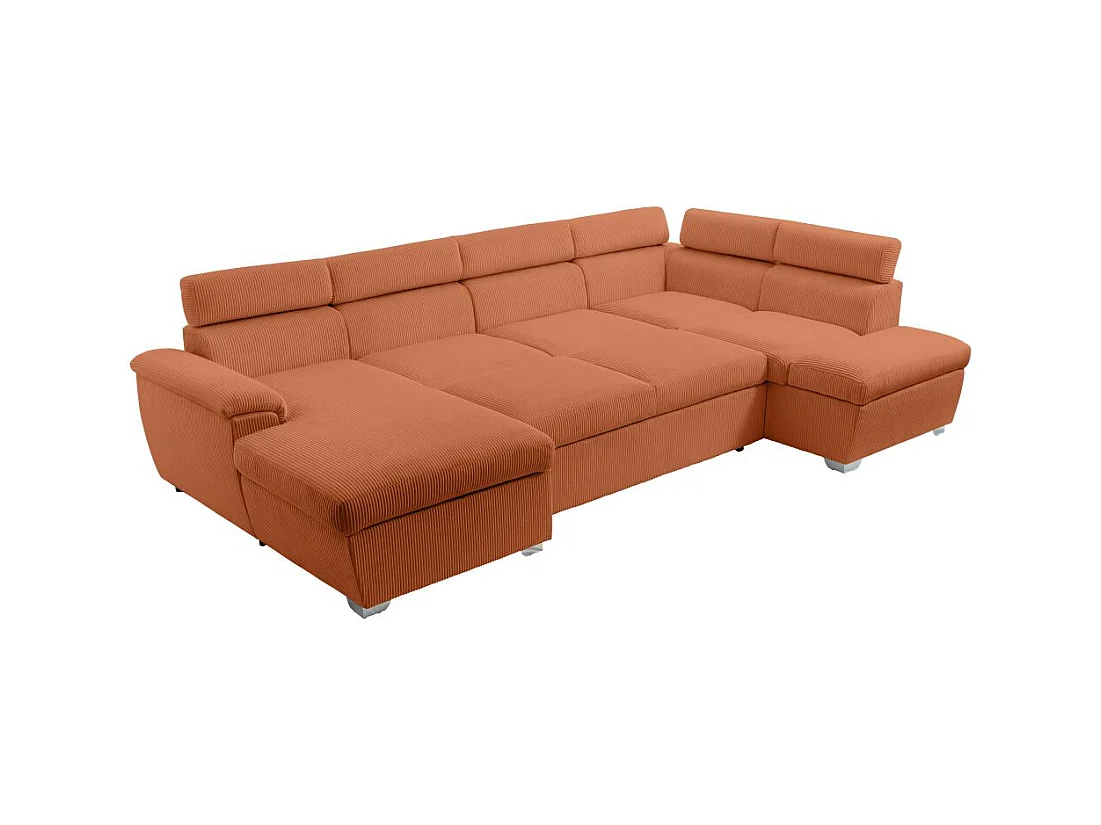 Canapé panoramique PAOLA 6 places convertible avec 2 coffres en velours côtelé terracotta