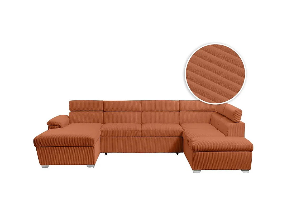 Canapé panoramique PAOLA 6 places convertible avec 2 coffres en velours côtelé terracotta