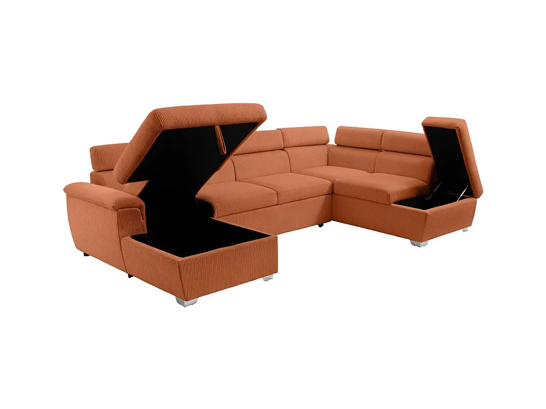 Canapé panoramique PAOLA 6 places convertible avec 2 coffres en velours côtelé terracotta