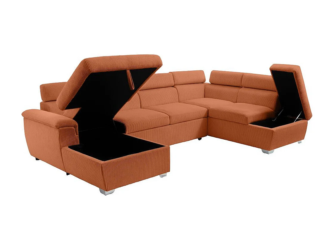 Canapé panoramique PAOLA 6 places convertible avec 2 coffres en velours côtelé terracotta