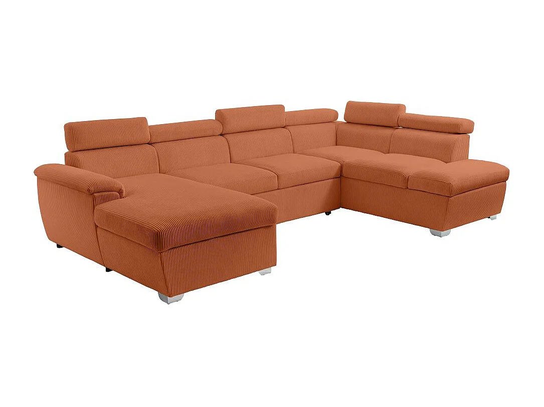 Canapé panoramique PAOLA 6 places convertible avec 2 coffres en velours côtelé terracotta