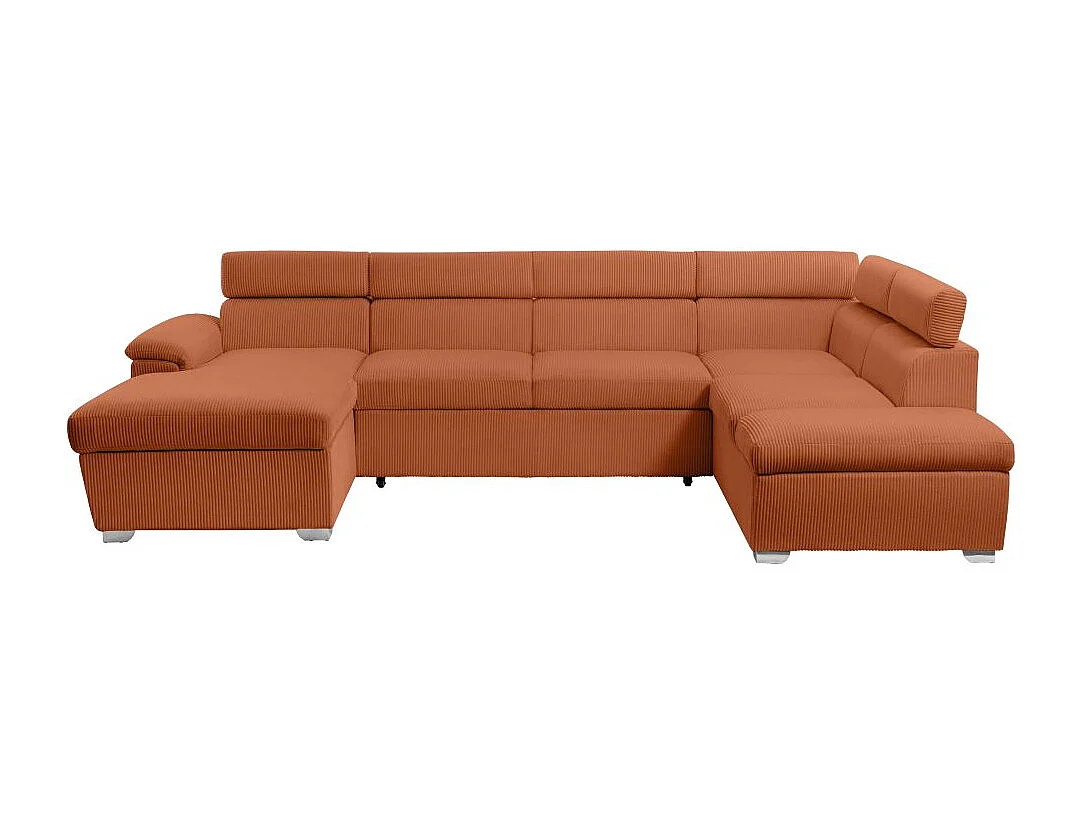 Canapé panoramique PAOLA 6 places convertible avec 2 coffres en velours côtelé terracotta