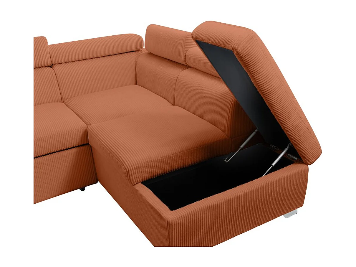 Canapé panoramique PAOLA 6 places convertible avec 2 coffres en velours côtelé terracotta