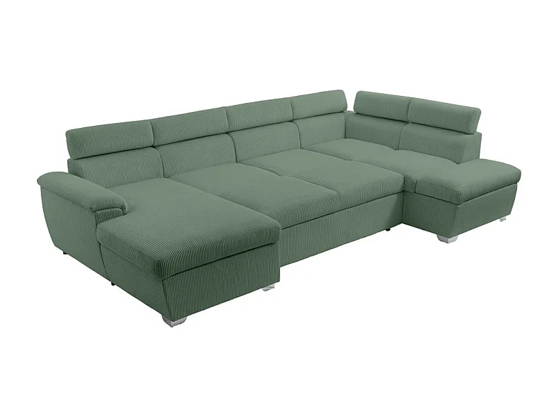 Canapé panoramique PAOLA 6 places convertible avec 2 coffres en velours côtelé vert