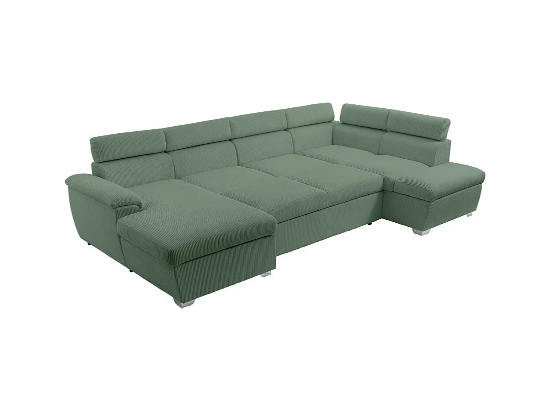 Canapé panoramique PAOLA 6 places convertible avec 2 coffres en velours côtelé vert
