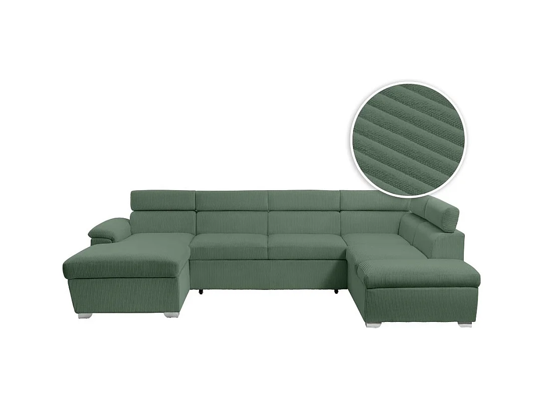 Canapé panoramique PAOLA 6 places convertible avec 2 coffres en velours côtelé vert