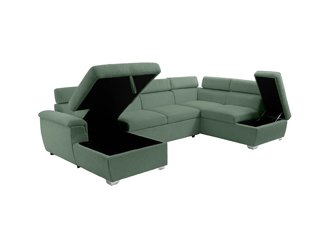 Canapé panoramique PAOLA 6 places convertible avec 2 coffres en velours côtelé vert