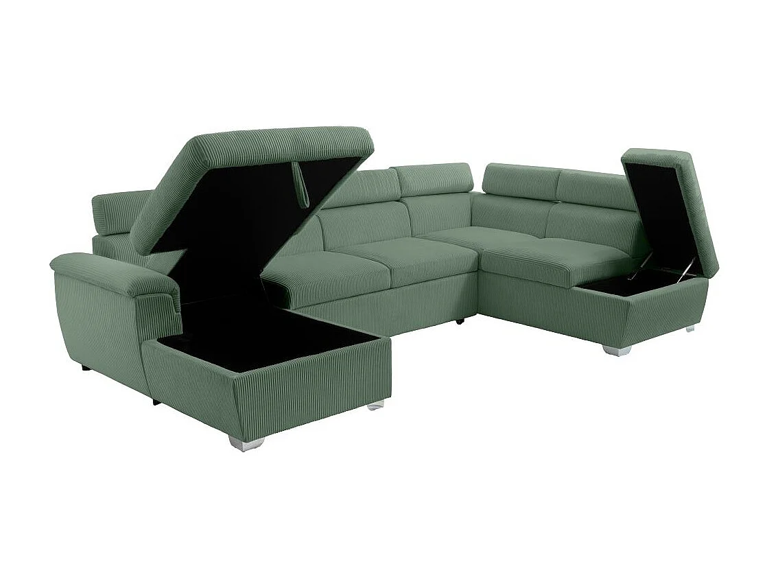 Canapé panoramique PAOLA 6 places convertible avec 2 coffres en velours côtelé vert