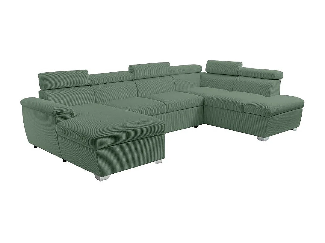 Canapé panoramique PAOLA 6 places convertible avec 2 coffres en velours côtelé vert