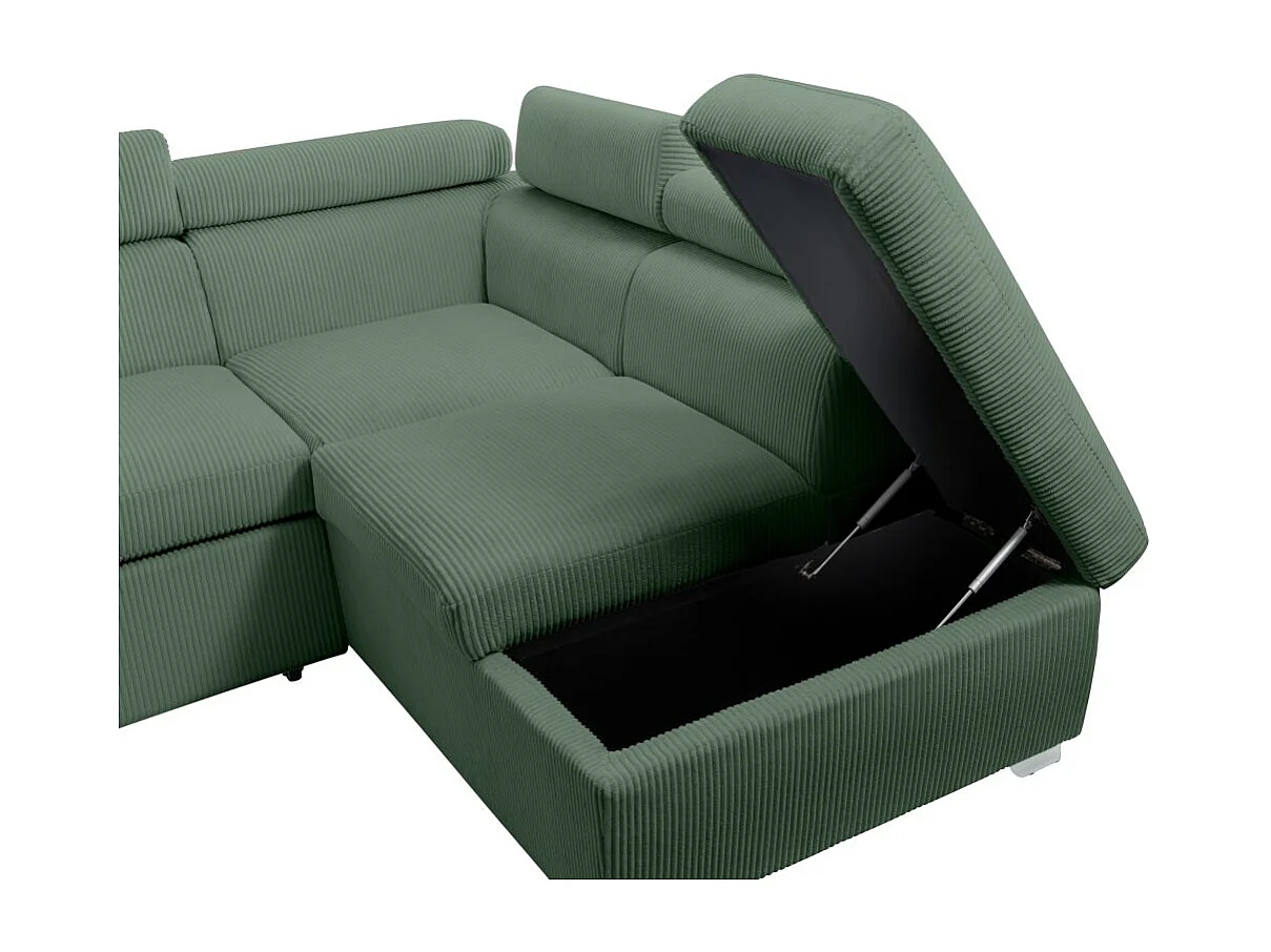 Canapé panoramique PAOLA 6 places convertible avec 2 coffres en velours côtelé vert
