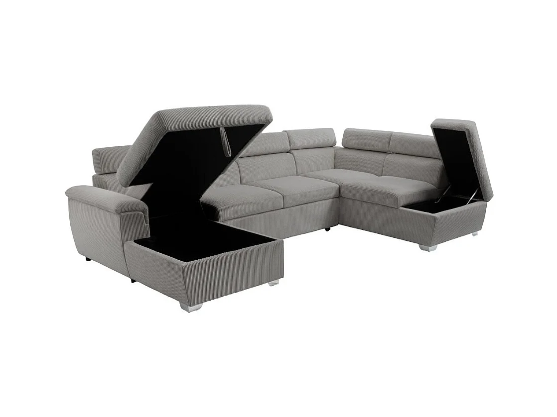 Canapé panoramique PAOLA 6 places convertible avec 2 coffres en velours côtelé gris
