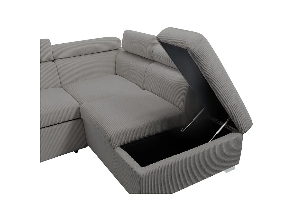 Canapé panoramique PAOLA 6 places convertible avec 2 coffres en velours côtelé gris