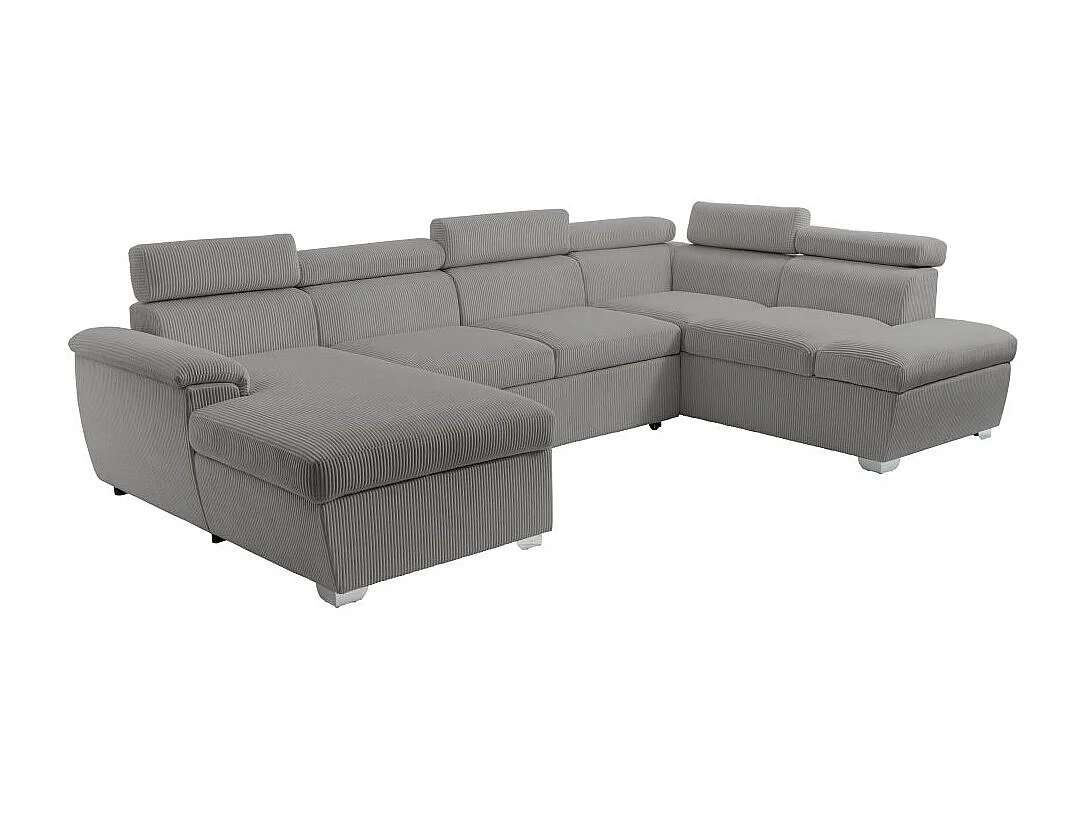 Canapé panoramique PAOLA 6 places convertible avec 2 coffres en velours côtelé gris