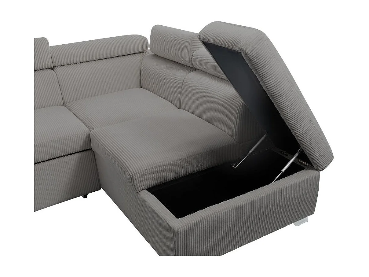 Canapé panoramique PAOLA 6 places convertible avec 2 coffres en velours côtelé gris