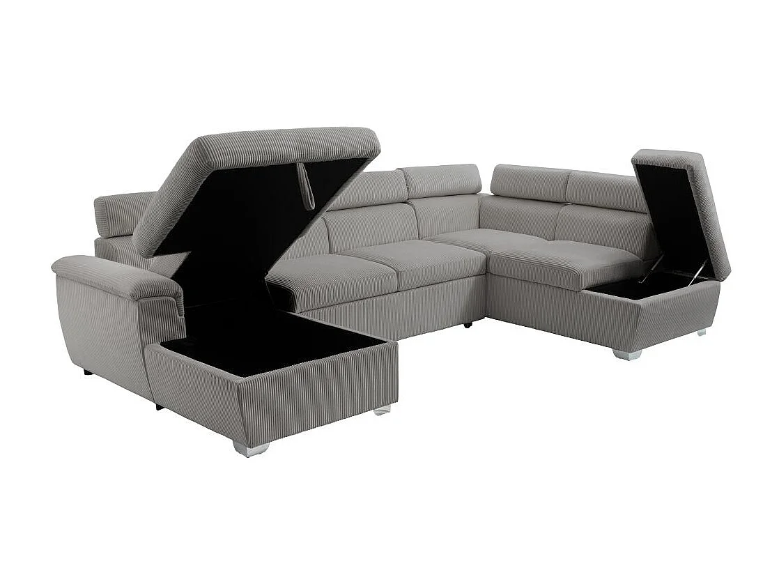 Canapé panoramique PAOLA 6 places convertible avec 2 coffres en velours côtelé gris