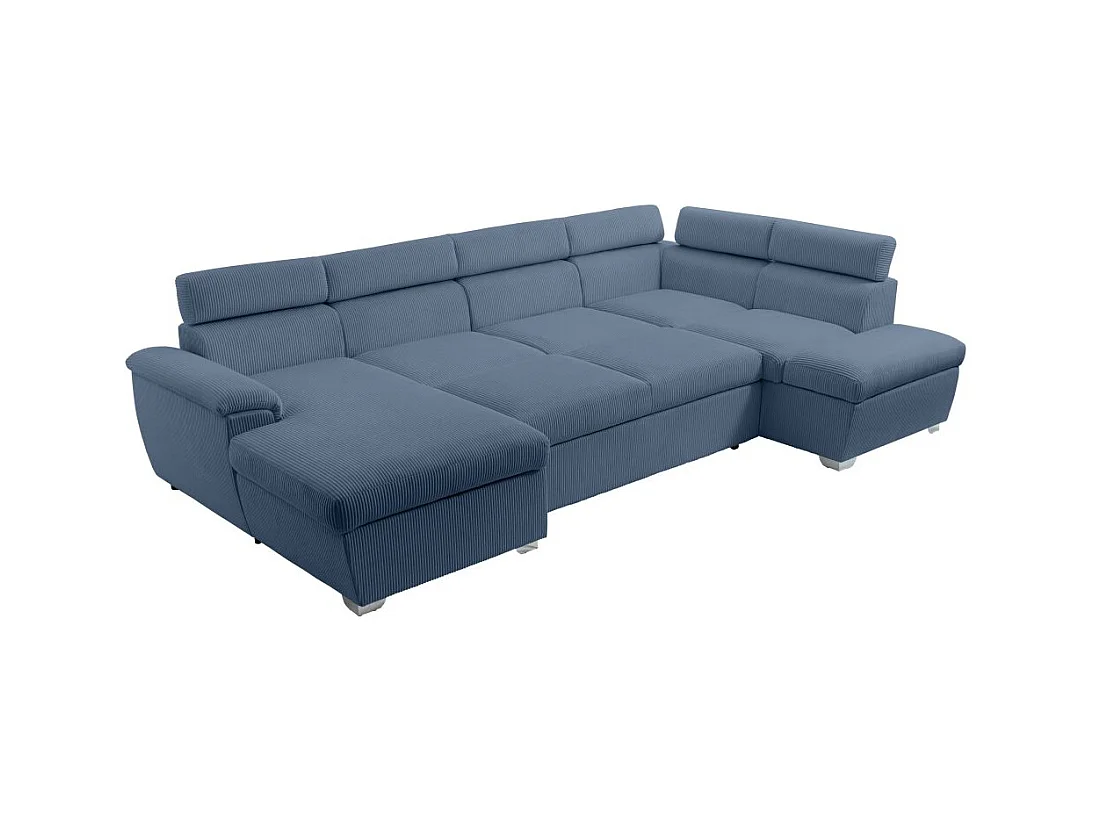 Canapé panoramique PAOLA 6 places convertible avec 2 coffres en velours côtelé bleu