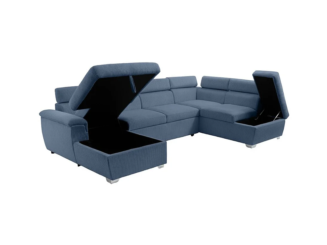 Canapé panoramique PAOLA 6 places convertible avec 2 coffres en velours côtelé bleu