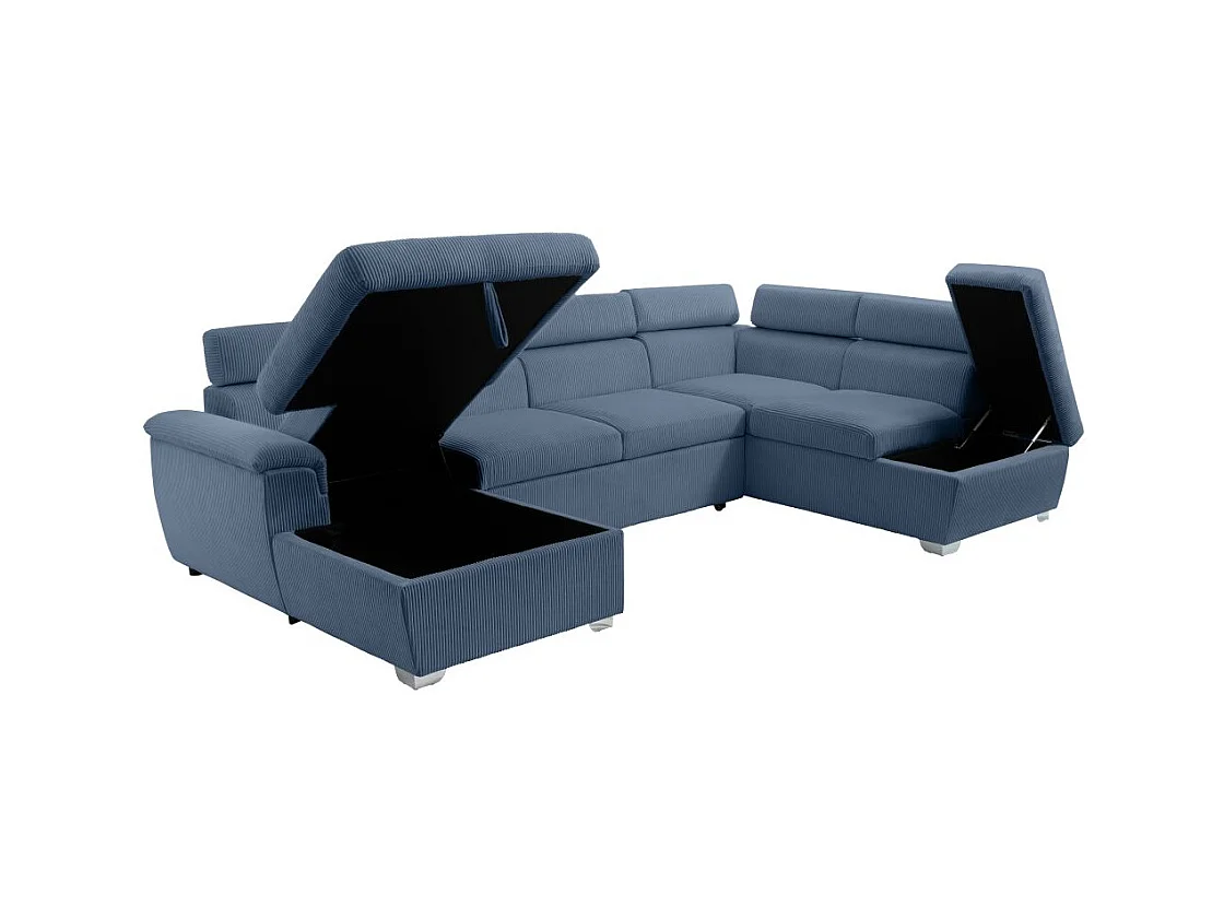 Canapé panoramique PAOLA 6 places convertible avec 2 coffres en velours côtelé bleu