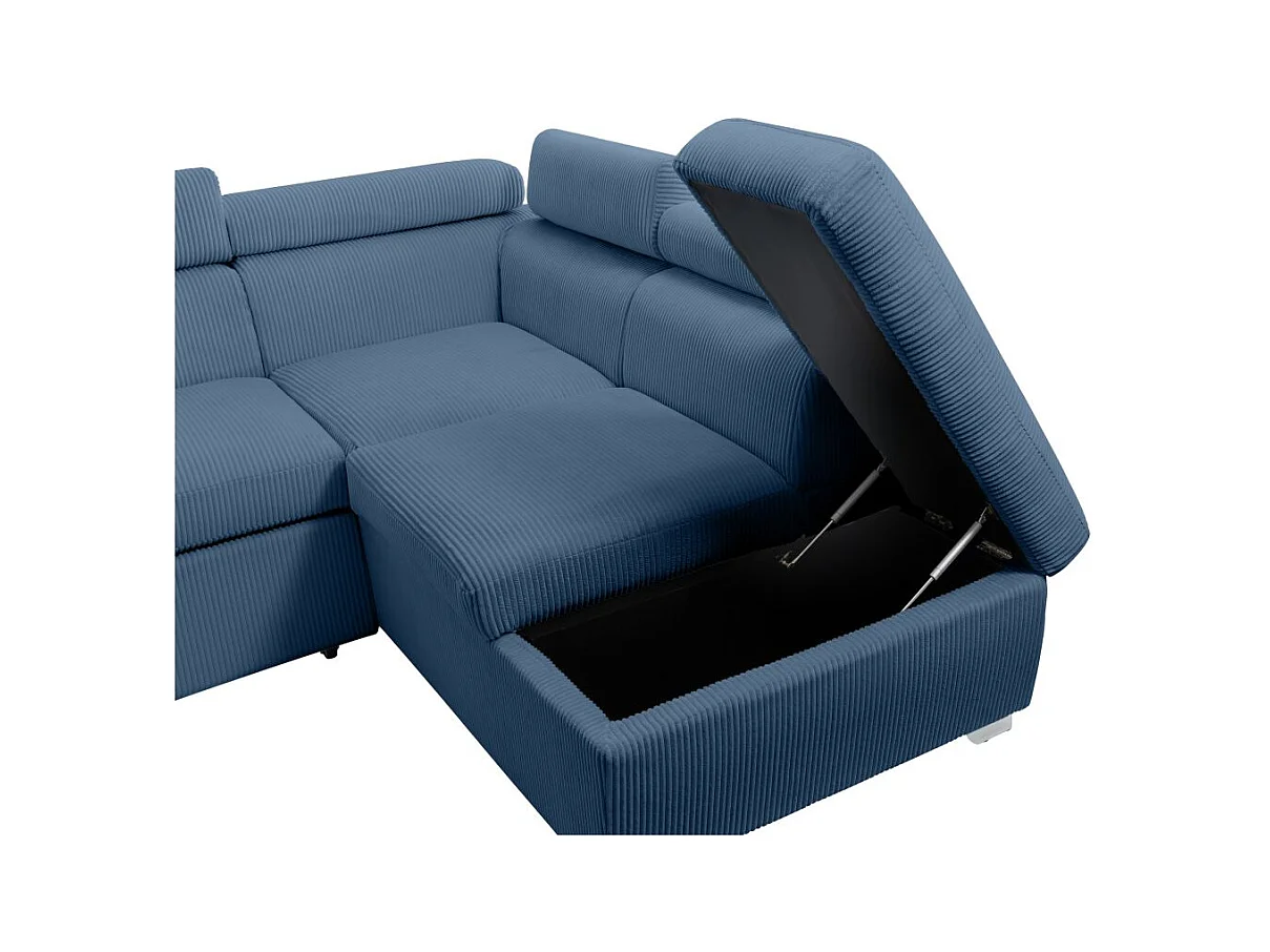 Canapé panoramique PAOLA 6 places convertible avec 2 coffres en velours côtelé bleu