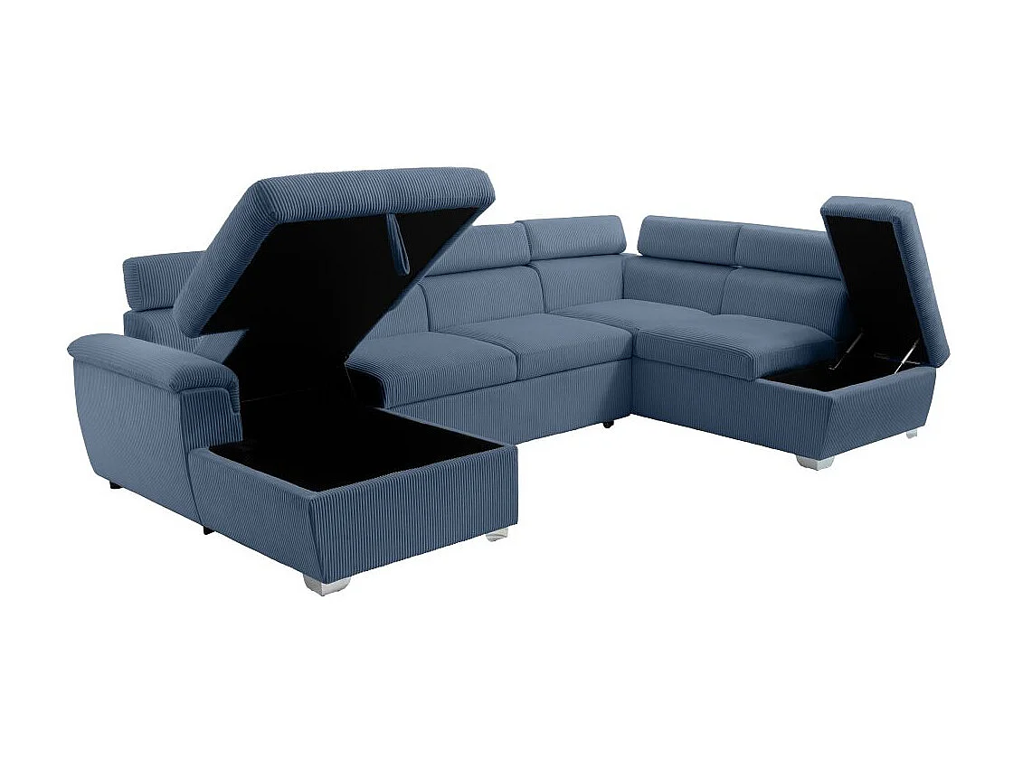 Canapé panoramique PAOLA 6 places convertible avec 2 coffres en velours côtelé bleu