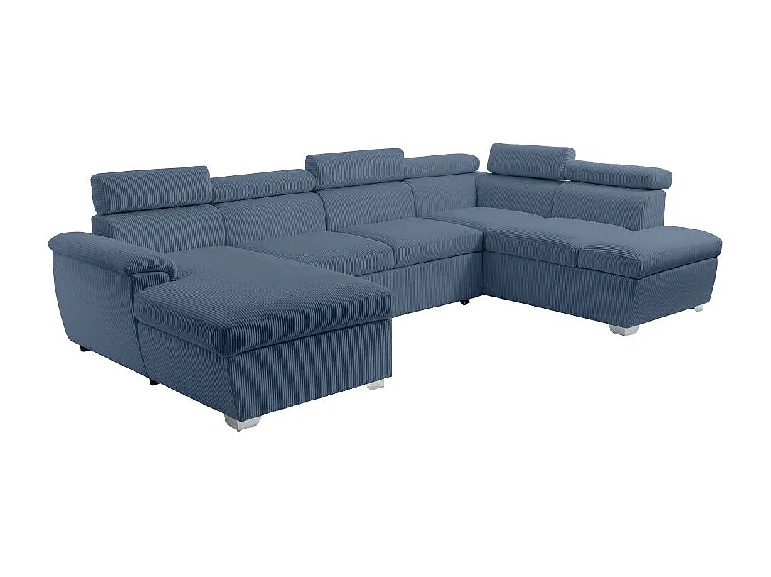 Canapé panoramique PAOLA 6 places convertible avec 2 coffres en velours côtelé bleu
