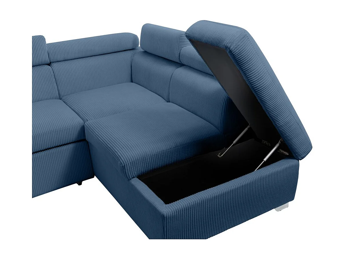Canapé panoramique PAOLA 6 places convertible avec 2 coffres en velours côtelé bleu