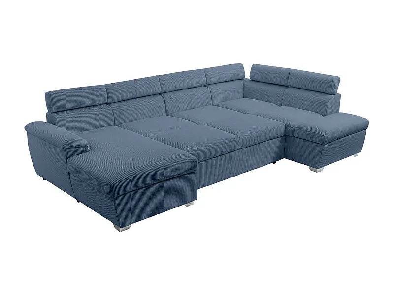 Canapé panoramique PAOLA 6 places convertible avec 2 coffres en velours côtelé bleu