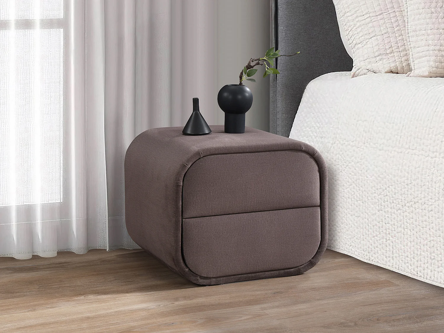 Table de chevet – 2 tiroirs – Velours – Taupe – VENALORA