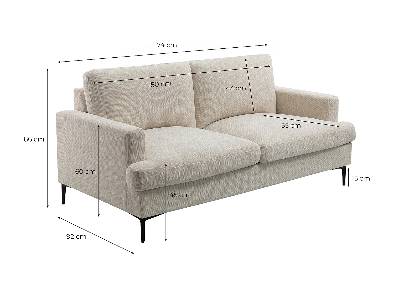 Canapé droit TALMA 3 places en tissu beige pieds métal