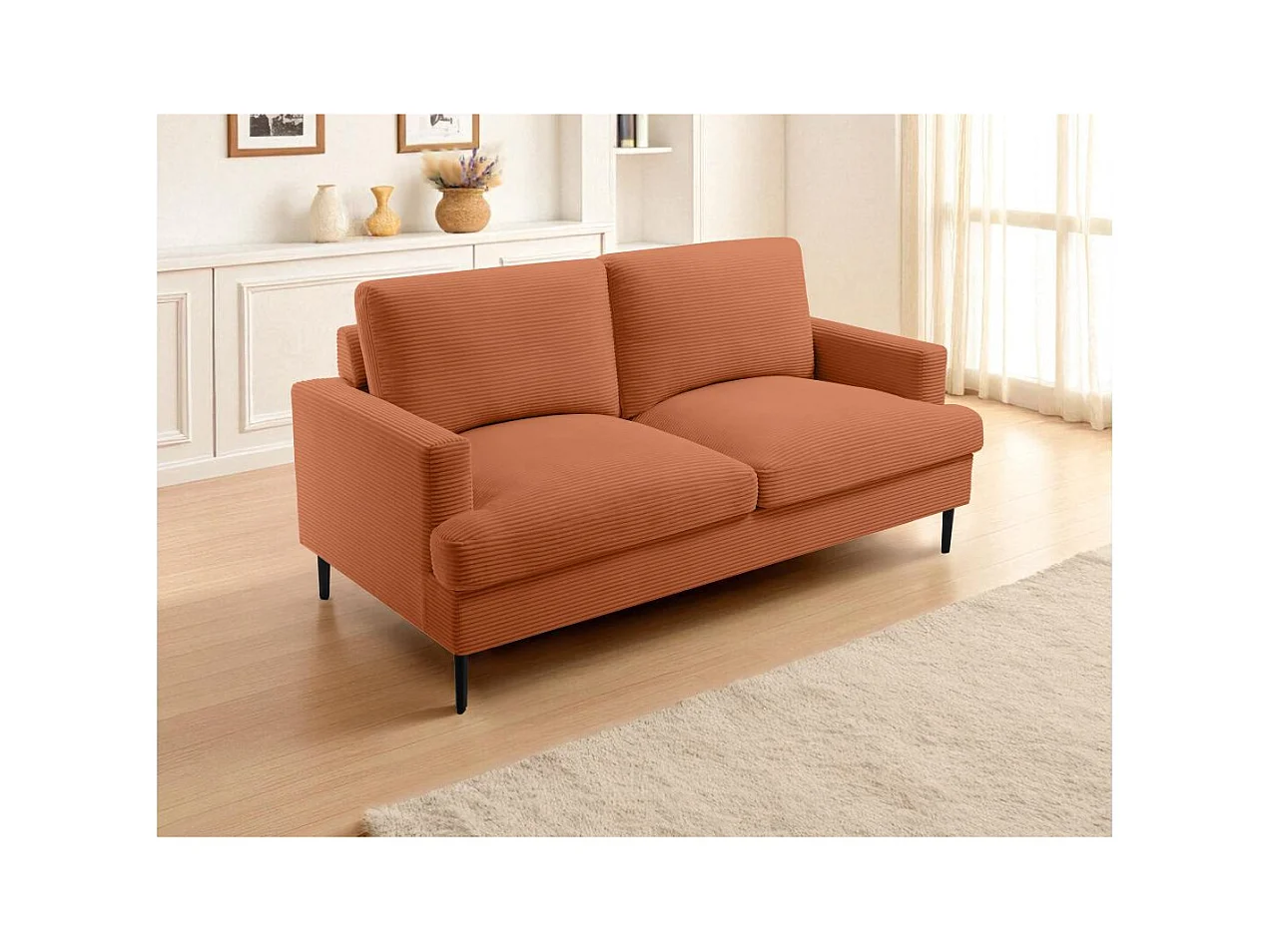 Canapé droit 3 places TALMA en velours côtelé terracotta
