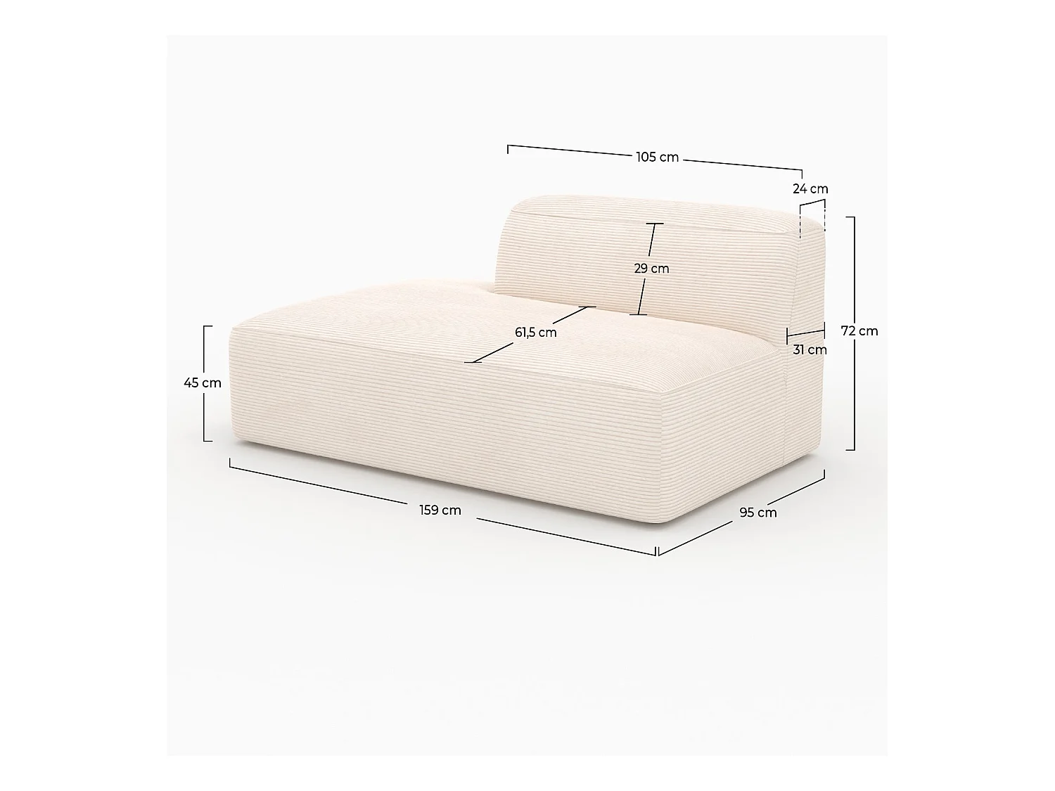 Méridienne dossier à droite pour canapé modulable en velours blanc - Mina