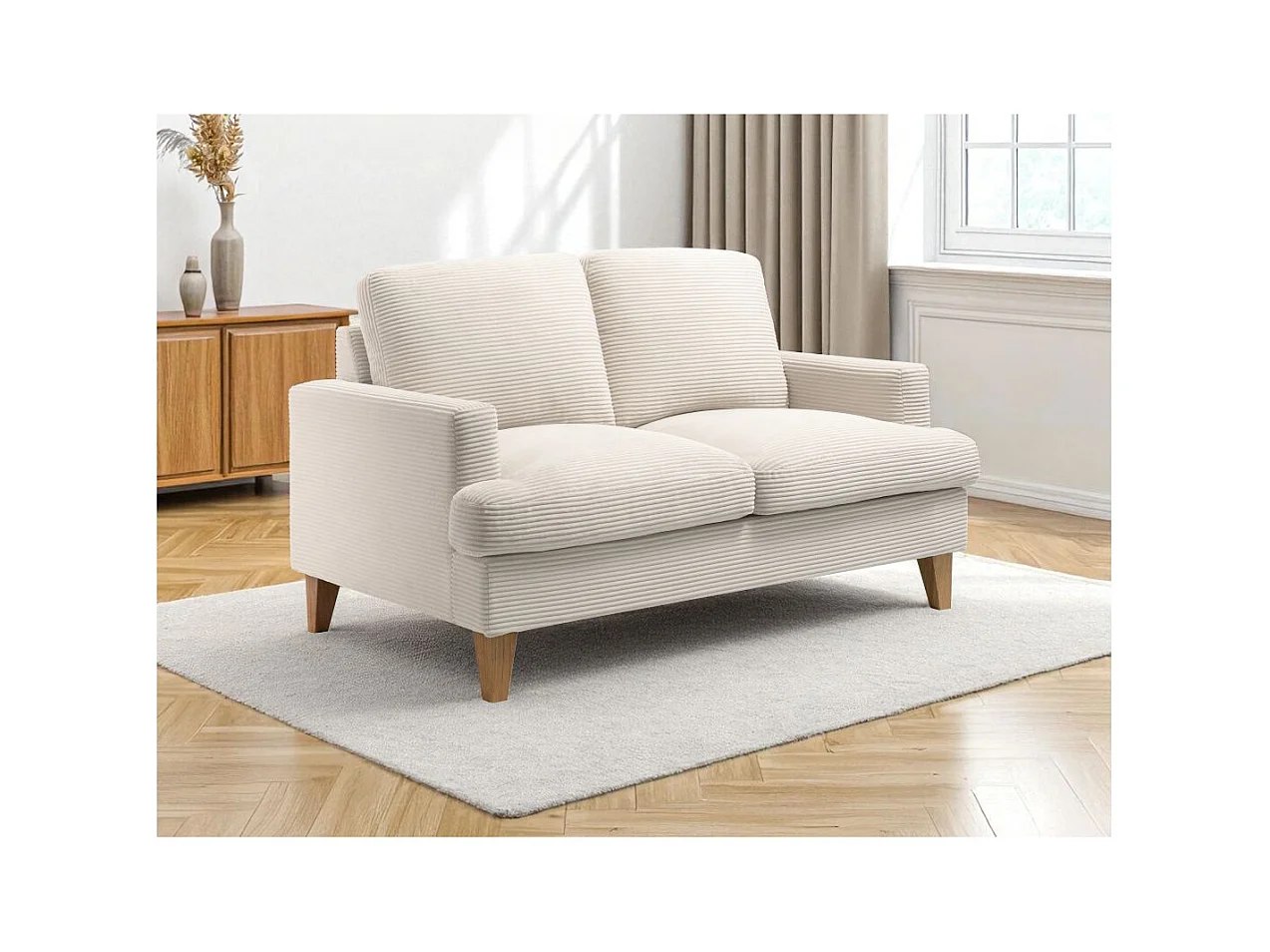 Canapé droit 2 places TALMA en velours côtelé beige