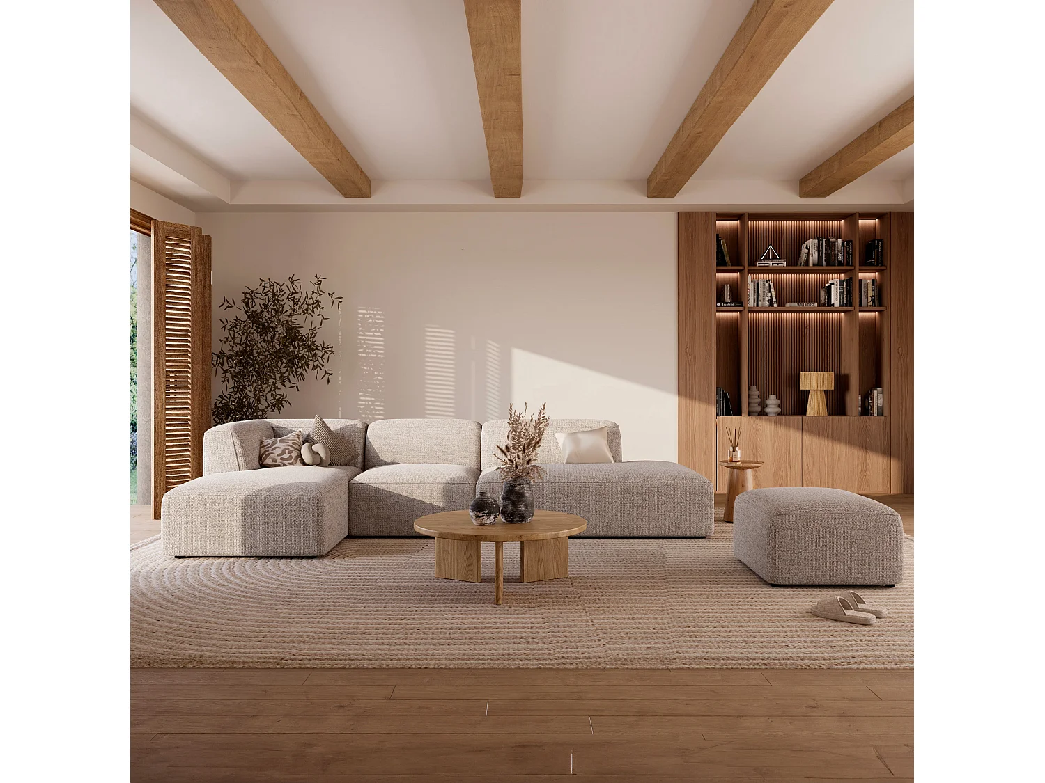 Méridienne d'angle à gauche pour canapé modulable en tissu beige - Hestia