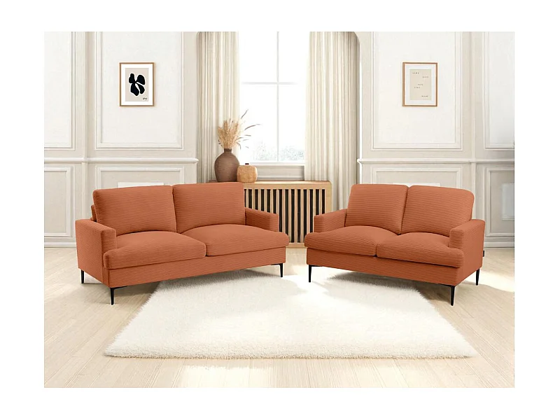 Ensemble canapés droits TALMA 3 + 2  places en velours côtelé terracotta pieds métal