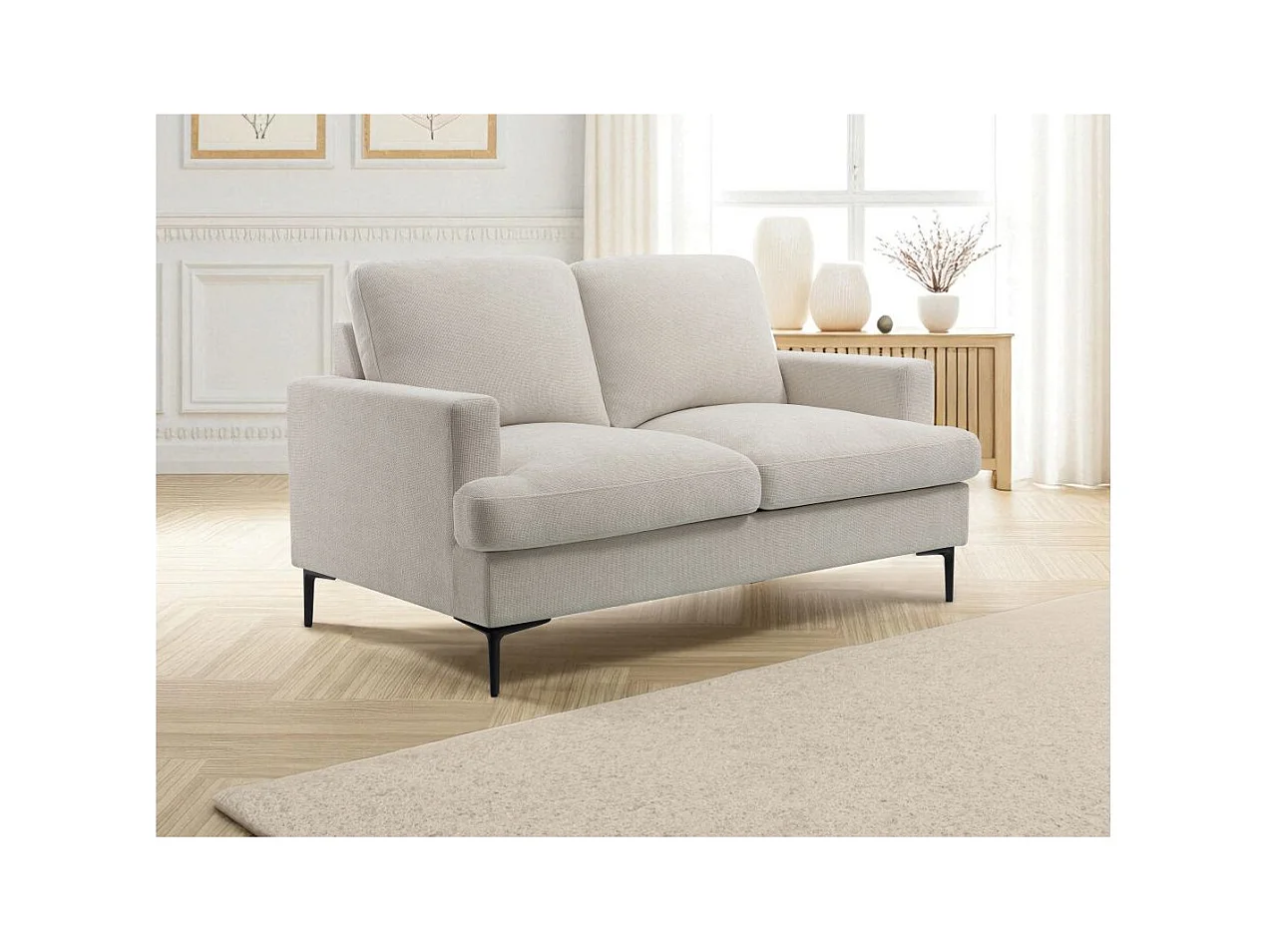 Canapé droit TALMA 2 places en tissu beige pieds métal