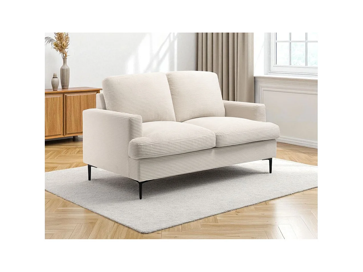 Canapé droit 2 places TALMA en velours côtelé beige