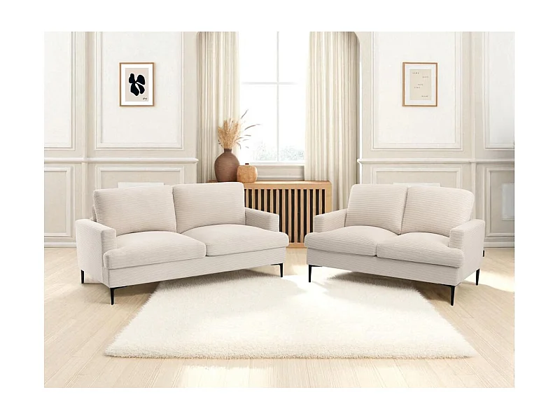 Ensemble canapés droits TALMA 3 + 2  places en velours côtelé beige pieds métal