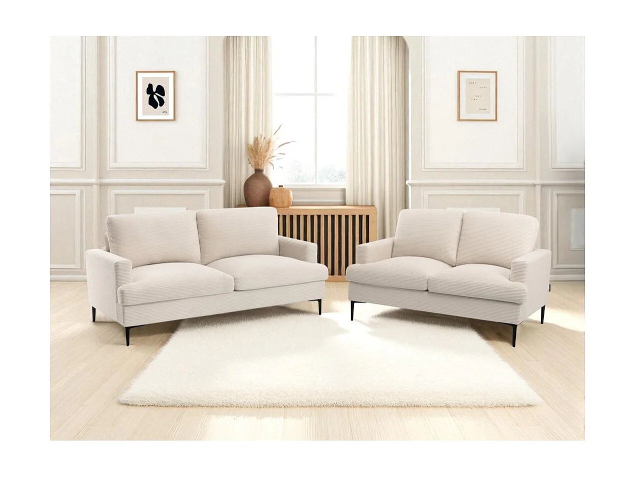 Ensemble canapés droits TALMA 3 + 2  places en velours côtelé beige pieds métal