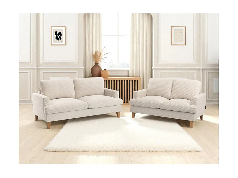 Ensemble canapés droits TALMA 3 + 2  places en velours côtelé beige pieds bois naturel