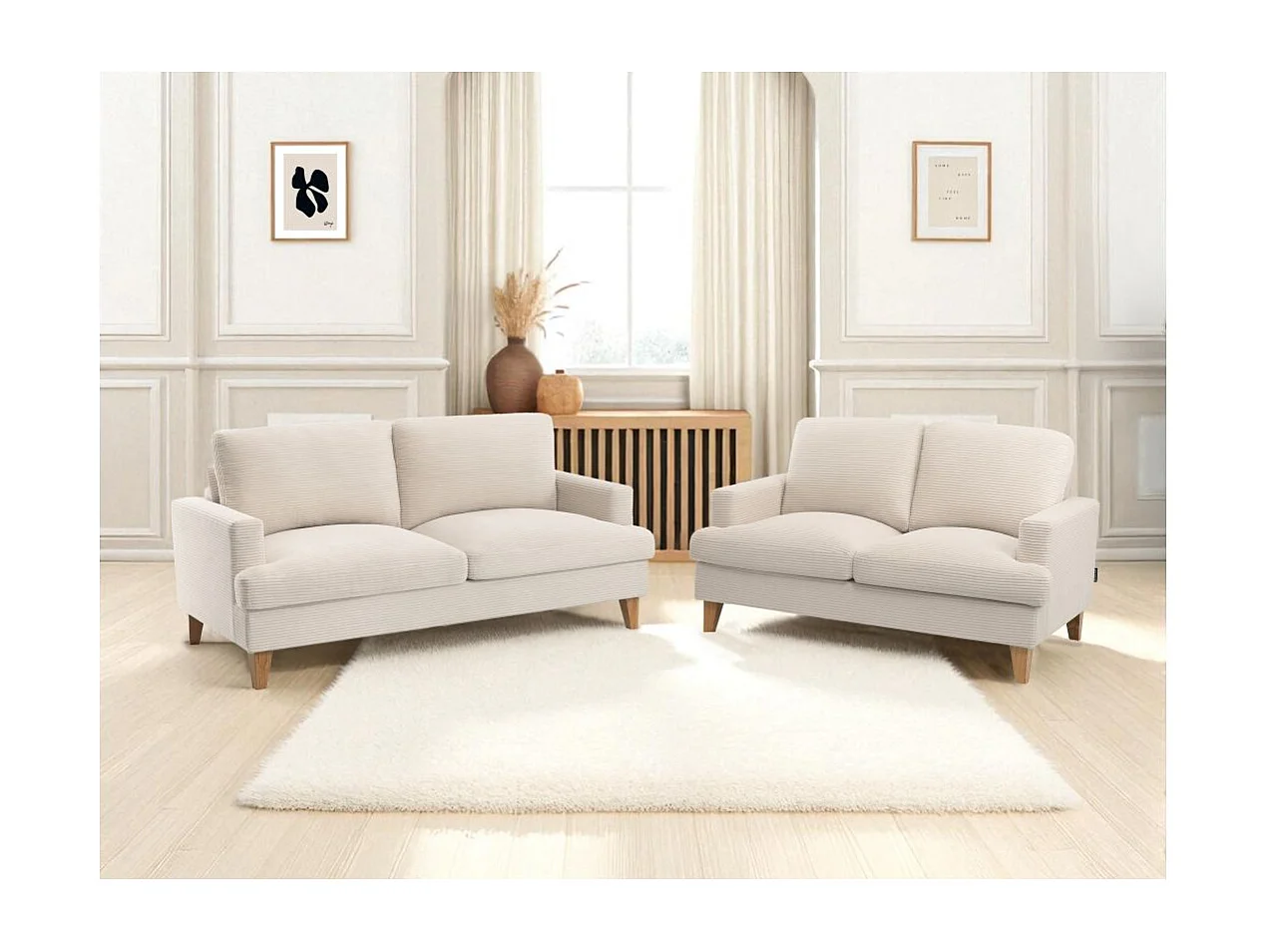 Ensemble canapés droits TALMA 3 + 2  places en velours côtelé beige pieds bois naturel