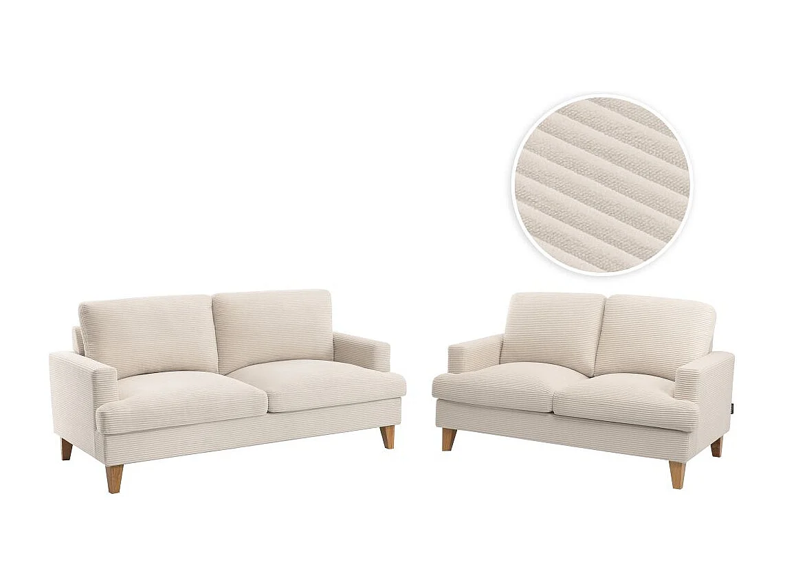 Ensemble canapés droits TALMA 3 + 2  places en velours côtelé beige pieds bois naturel