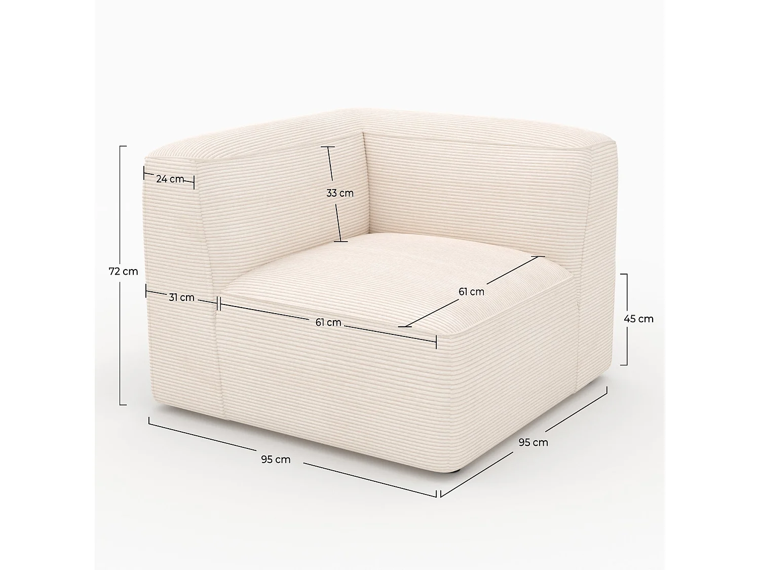 Ángulo izquierdo para sofá modular de terciopelo blanco roto - Mina