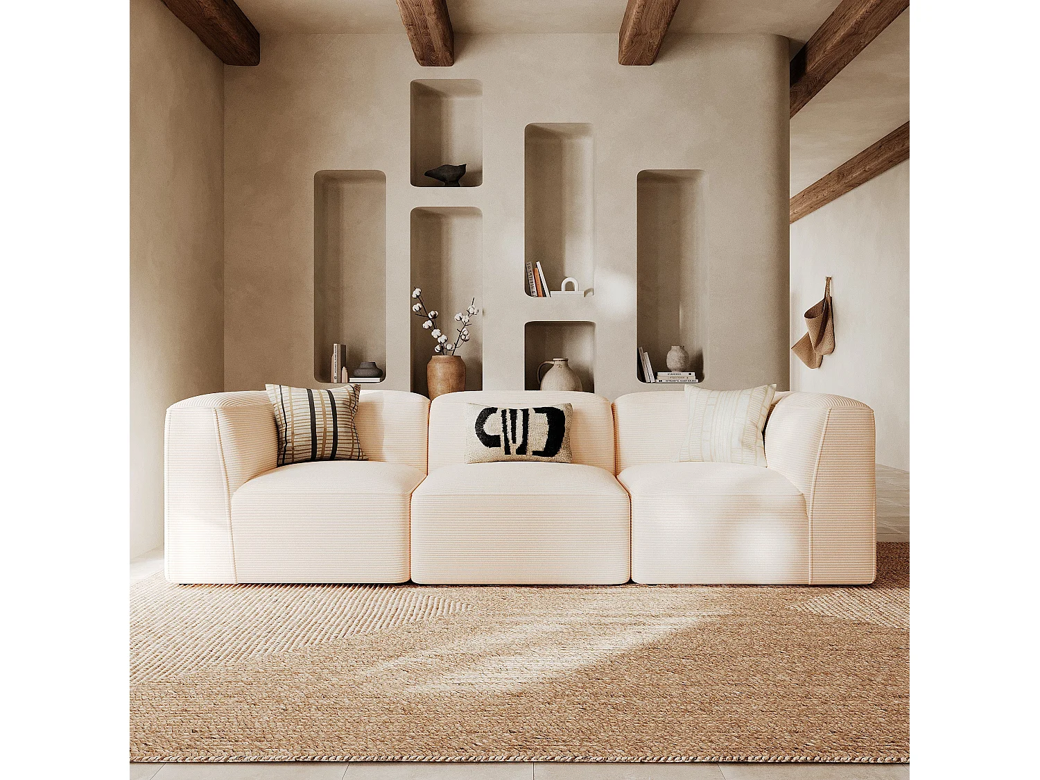 Modulo angolare sinistro per divano modulare in velluto bianco sporco - Mina