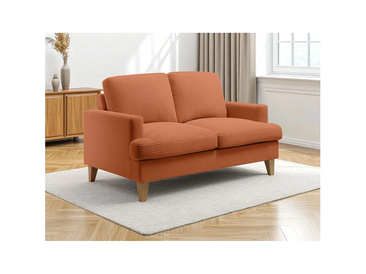 Canapé droit 2 places TALMA en velours côtelé terracotta