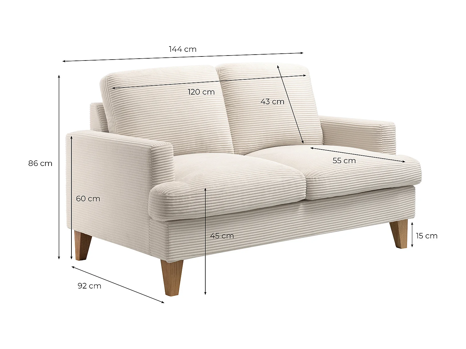 Canapé droit 2 places TALMA en velours côtelé terracotta pieds bois